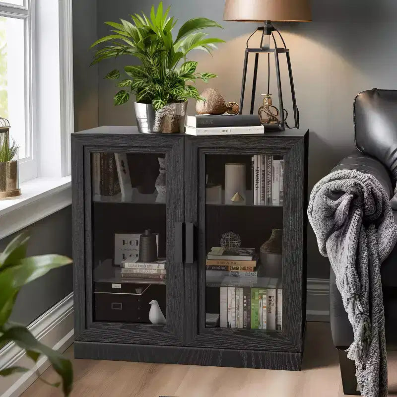 PexFix 31 Bibliothèque moderne en bois avec 2 portes vitrées et étagère réglable pour cuisine, chambre, entrée, salon, salle à manger, noir