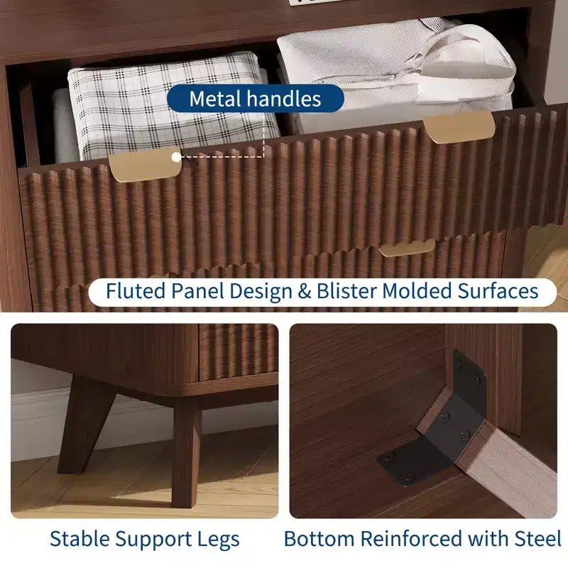 Table de chevet moderne cannelée COZONY avec plateau en faux marbre, table de chevet à 3 tiroirs avec profil incurvé pour chambre à coucher et salon