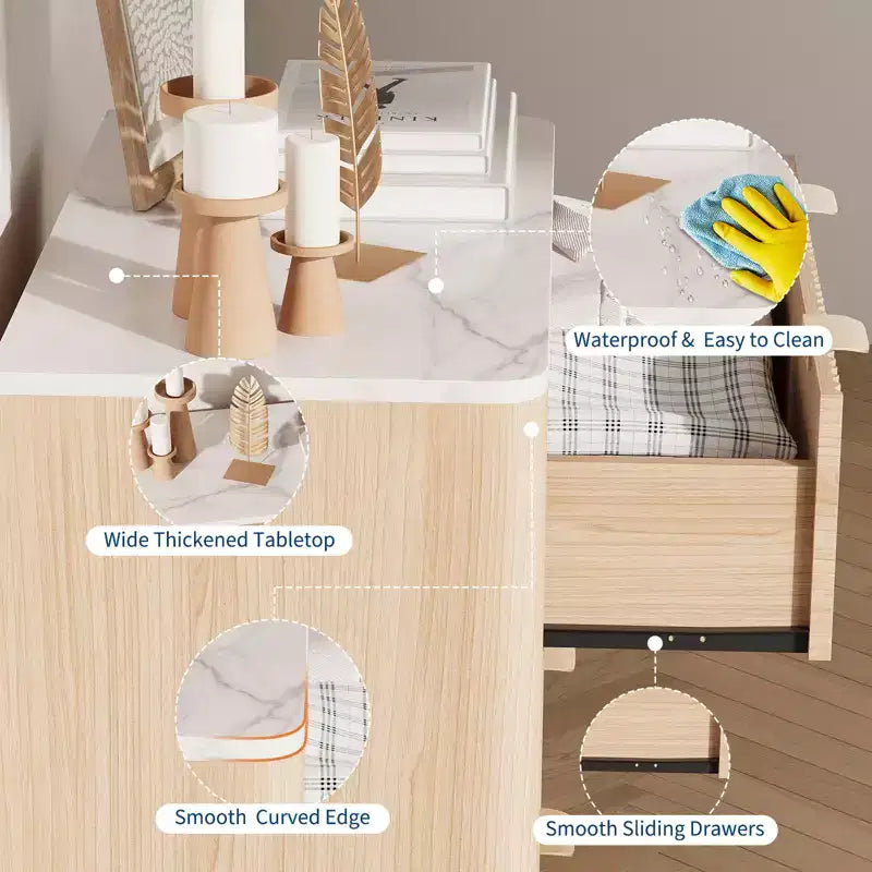 Table de chevet moderne cannelée COZONY avec plateau en faux marbre, table de chevet à 3 tiroirs avec profil incurvé pour chambre à coucher et salon