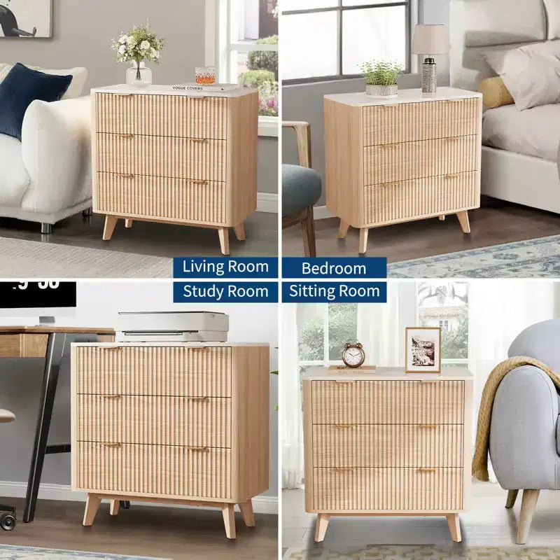 Table de chevet moderne cannelée COZONY avec plateau en faux marbre, table de chevet à 3 tiroirs avec profil incurvé pour chambre à coucher et salon
