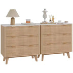 COZONY Modern Fluted Nightstand with Faux Marble Top, 3-Drawer Bedside Table with Curved Profile for Bedroom and Living Room