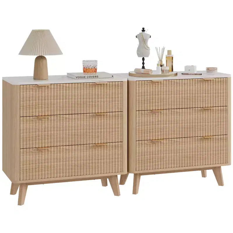 COZONY Modern Fluted Nightstand with Faux Marble Top, 3-Drawer Bedside Table with Curved Profile for Bedroom and Living Room