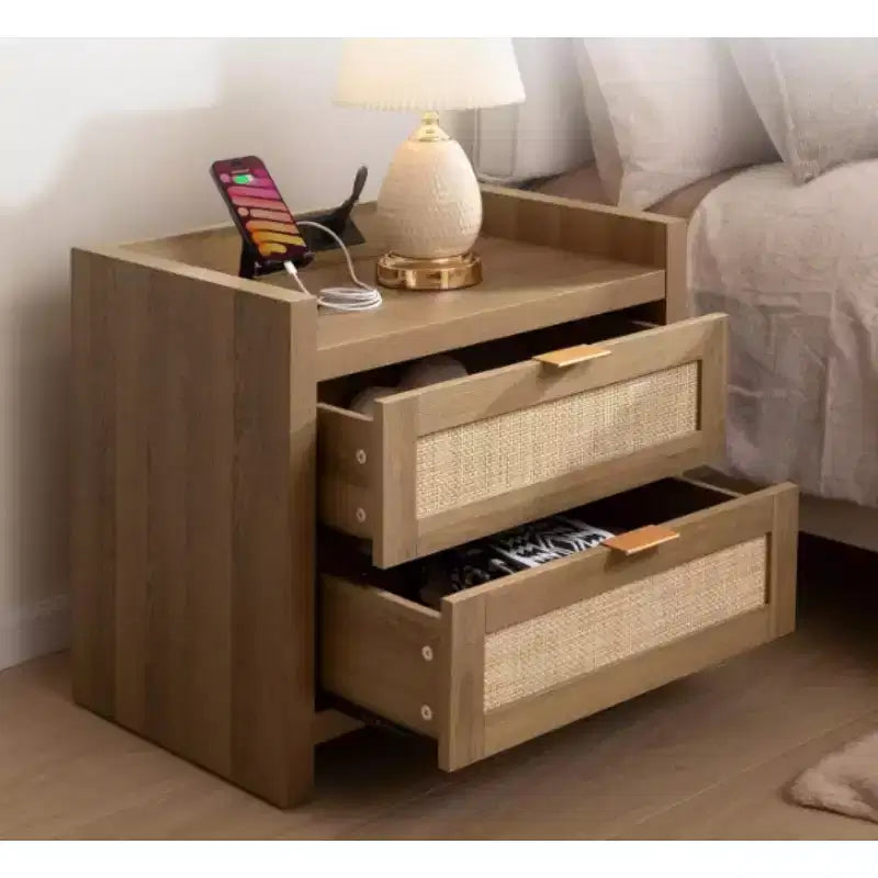 COZONY Wicker Nightstand with Type-C Charging Station, Boho Bedside Table with 2 Drawers for Bedroom