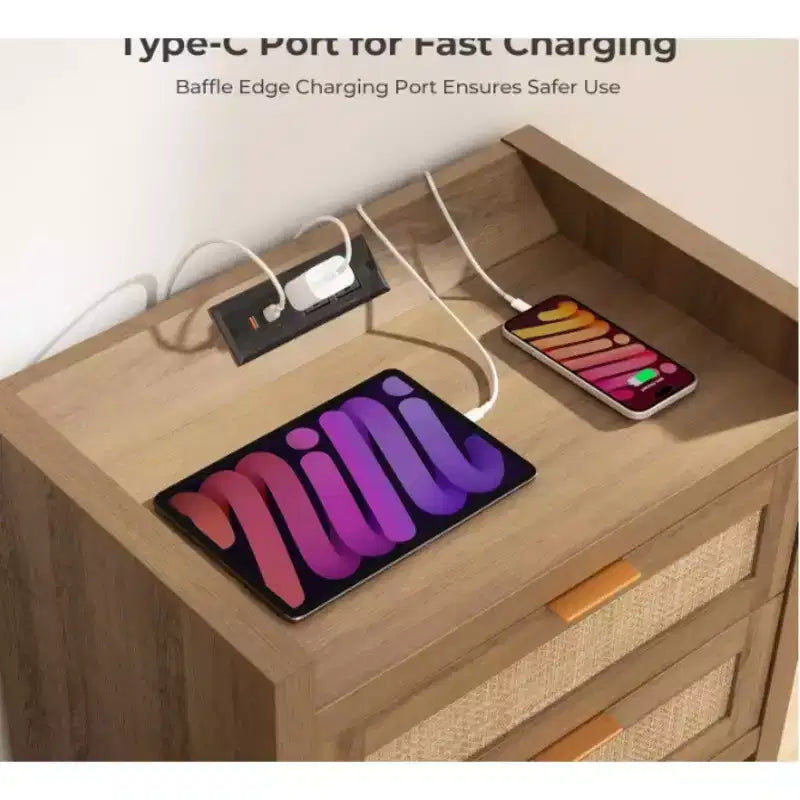 COZONY Wicker Nightstand with Type-C Charging Station, Boho Bedside Table with 2 Drawers for Bedroom