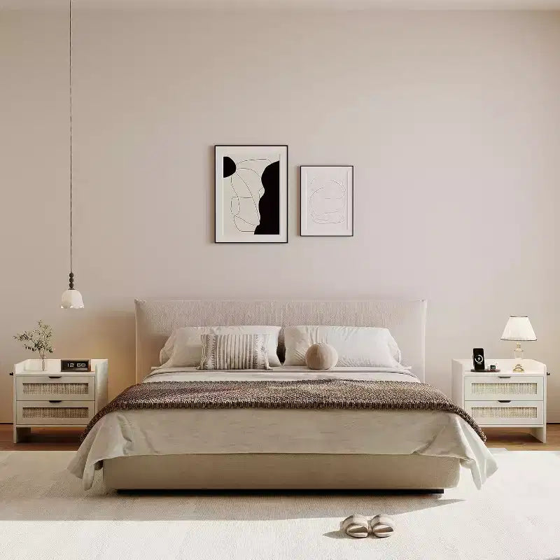 Table de chevet en osier COZONY avec station de charge USB-C, table de chevet bohème avec 2 tiroirs pour chambre à coucher
