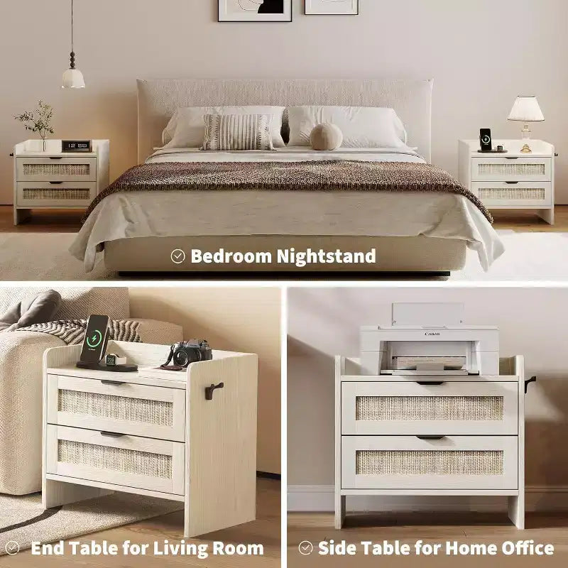 COZONY Wicker Nightstand with Type-C Charging Station, Boho Bedside Table with 2 Drawers for Bedroom