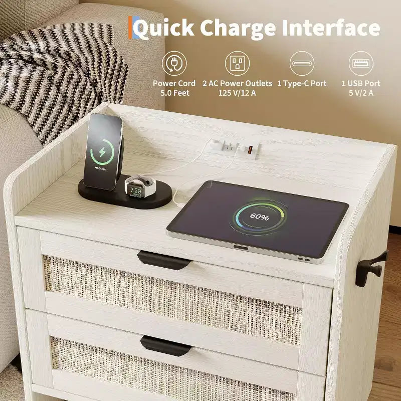 Table de chevet en osier COZONY avec station de charge USB-C, table de chevet bohème avec 2 tiroirs pour chambre à coucher