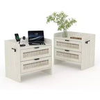 COZONY Wicker Nightstand with Type-C Charging Station, Boho Bedside Table with 2 Drawers for Bedroom