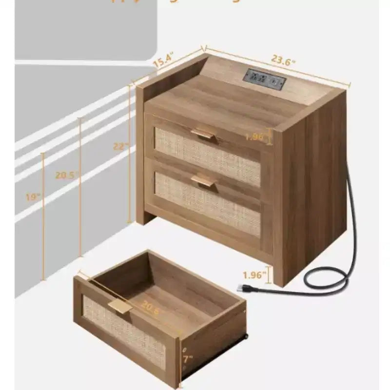 COZONY Wicker Nightstand with Type-C Charging Station, Boho Bedside Table with 2 Drawers for Bedroom