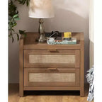 COZONY Wicker Nightstand with Type-C Charging Station, Boho Bedside Table with 2 Drawers for Bedroom