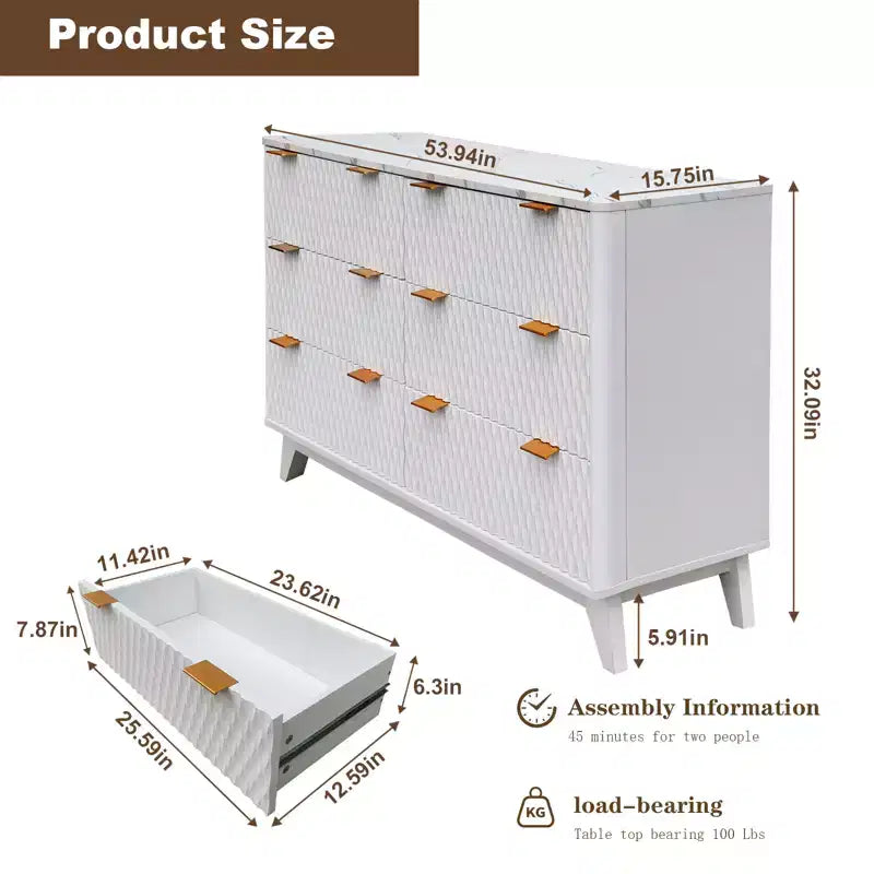 Commode cannelée à 6 tiroirs avec plateau en faux marbre, meuble TV moderne incurvé pour chambre et salon, armoire de rangement robuste, conception anti-basculement
