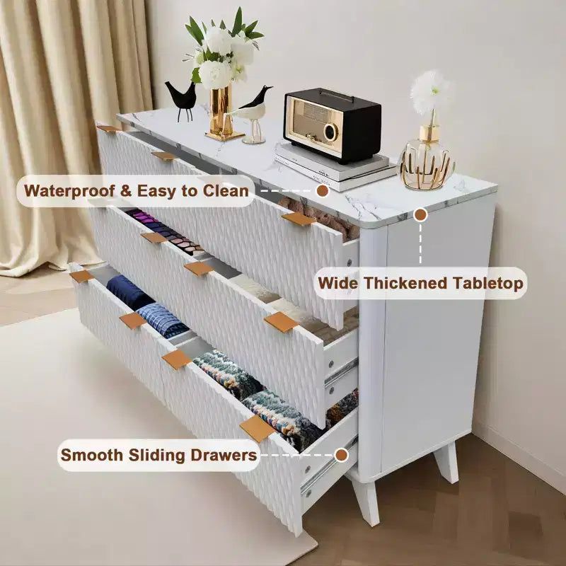 Commode cannelée à 6 tiroirs avec plateau en faux marbre, meuble TV moderne incurvé pour chambre et salon, armoire de rangement robuste, conception anti-basculement