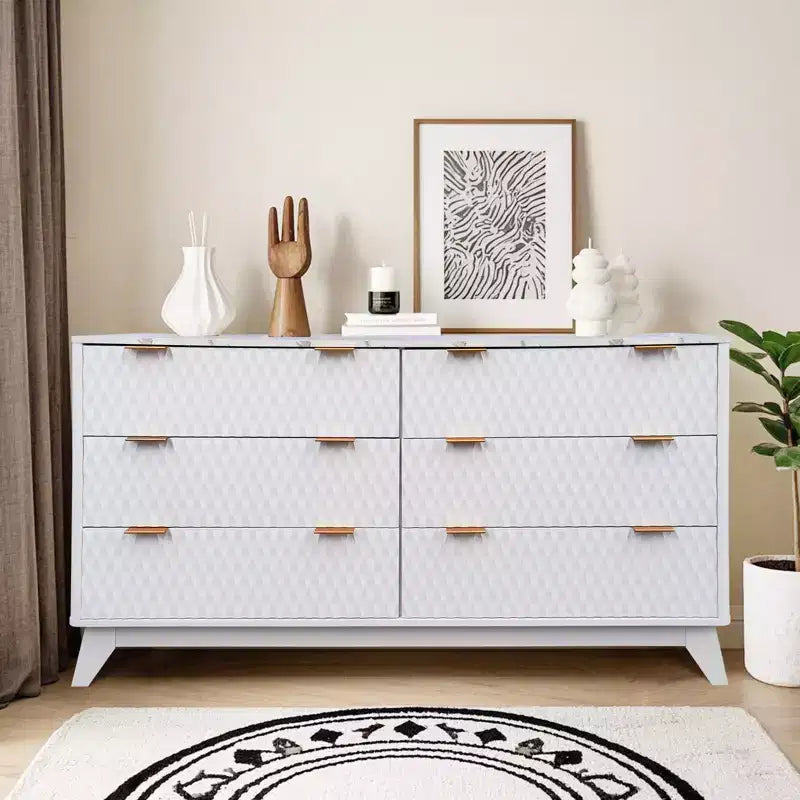 Commode cannelée à 6 tiroirs avec plateau en faux marbre, meuble TV moderne incurvé pour chambre et salon, armoire de rangement robuste, conception anti-basculement