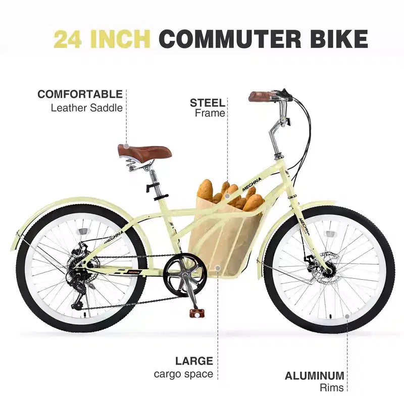 Okak 24IN Cruiser Bikes with Large Basket, 6 Speed Adult Bike with Steel Frame and Disk Brake, Commuter Bike for Men and Women