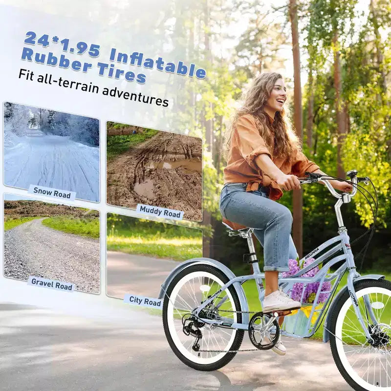 Okak 24IN Cruiser Bikes with Large Basket, 6 Speed Adult Bike with Steel Frame and Disk Brake, Commuter Bike for Men and Women