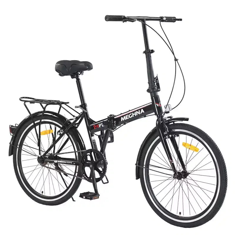 Okak 24IN Folding Bike with Fenders and Dual V-Brake, City Commuter Bicycle with Steel Frame and Shelf, Cruiser Bikes for Men and Women