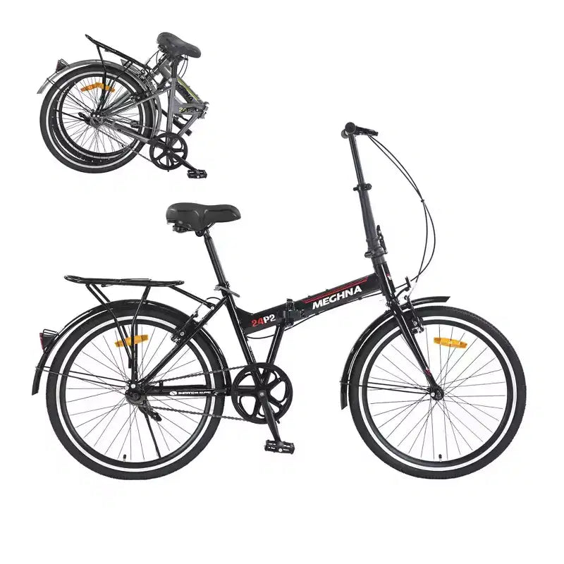 Okak 24IN Folding Bike with Fenders and Dual V-Brake, City Commuter Bicycle with Steel Frame and Shelf, Cruiser Bikes for Men and Women
