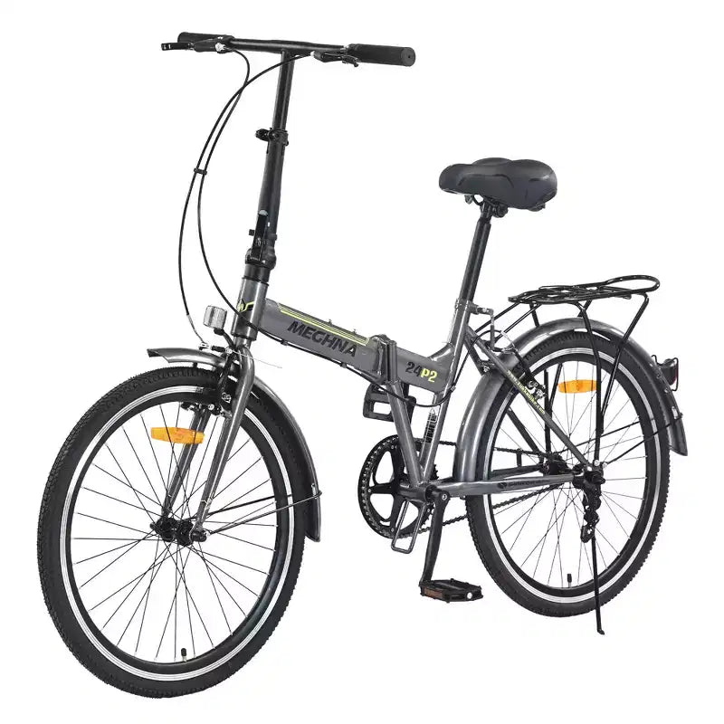 Okak 24IN Folding Bike with Fenders and Dual V-Brake, City Commuter Bicycle with Steel Frame and Shelf, Cruiser Bikes for Men and Women