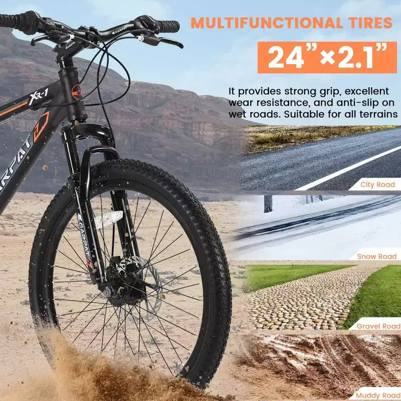 Okak 24IN Mountain Bike with Daul Disc Brakes and Front Suspension, Kids Bike with 21 Speed and Steel Frame, Bicycle for Boys, Girls
