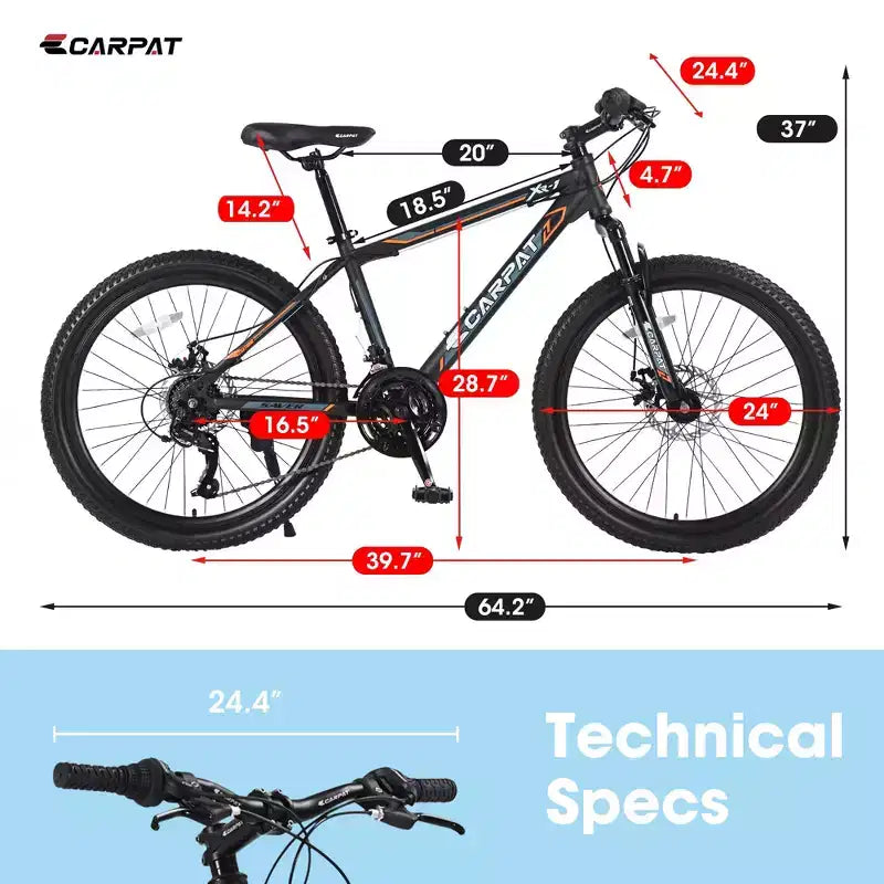 Okak 24IN Mountain Bike with Daul Disc Brakes and Front Suspension, Kids Bike with 21 Speed and Steel Frame, Bicycle for Boys, Girls