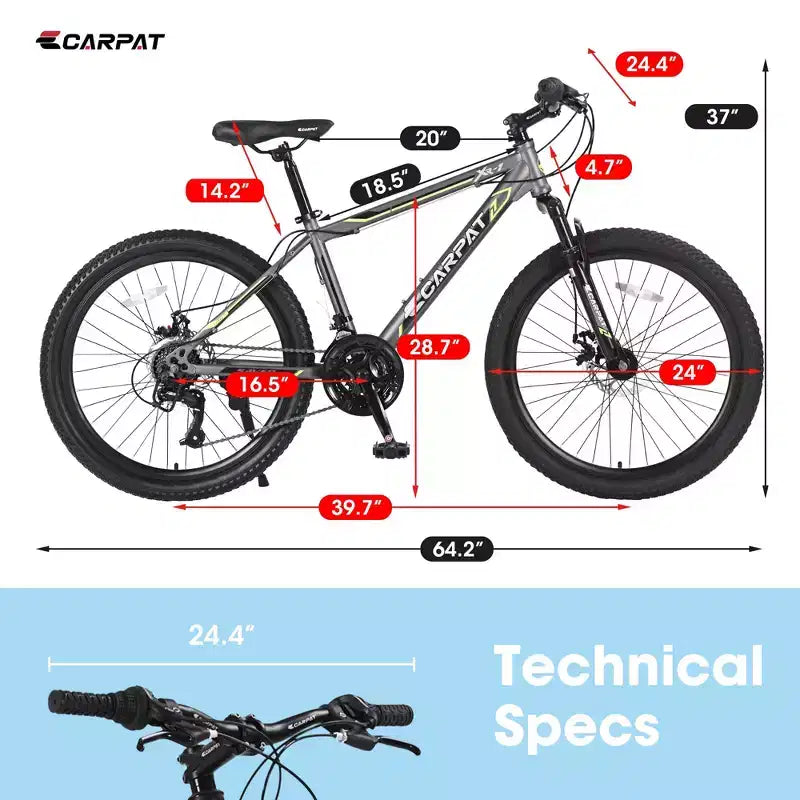 Okak 24IN Mountain Bike with Daul Disc Brakes and Front Suspension, Kids Bike with 21 Speed and Steel Frame, Bicycle for Boys, Girls