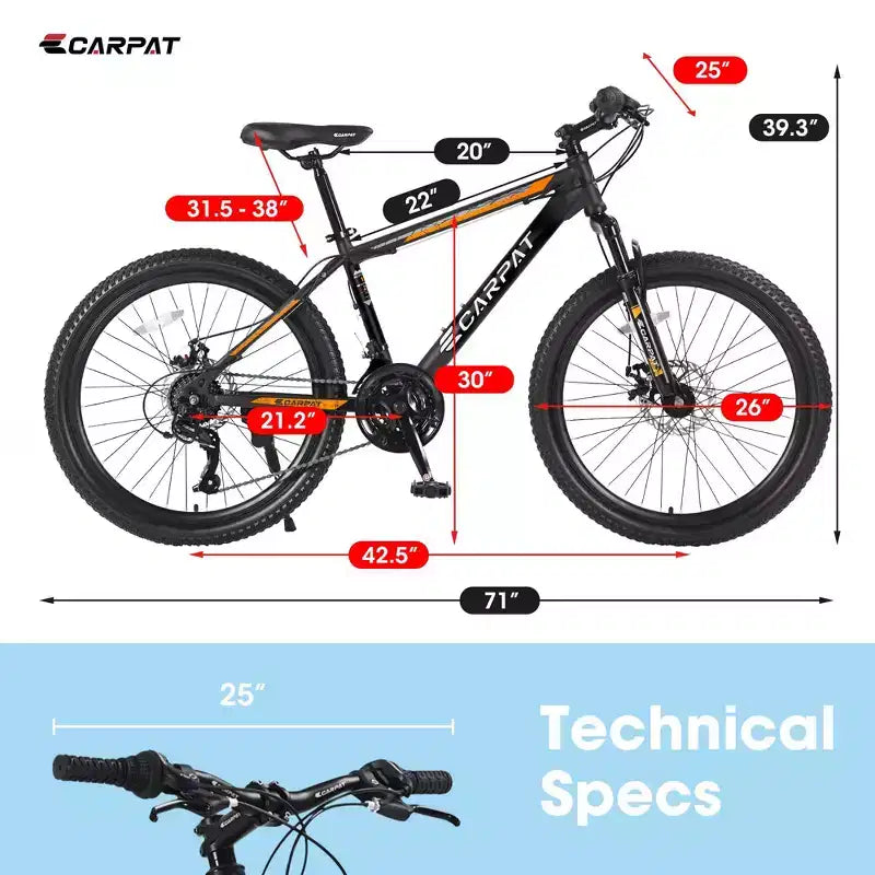 Okak 26IN Mountain Bike with 21 Speeds and Mechanical Disc Brakes, Adult Bike with High-Carbon Steel Frame, Dirt Bike for Kids & Adults