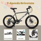 Vélo enfant Okak 20" avec 7 vitesses et cadre en acier, vélo enfant avec double freins à disque et pneus de 1,75", vélos cruiser pour garçons et filles