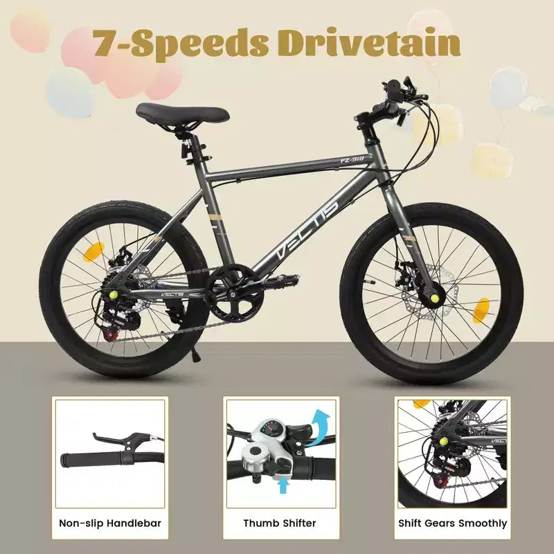 Vélo enfant Okak 20" avec 7 vitesses et cadre en acier, vélo enfant avec double freins à disque et pneus de 1,75", vélos cruiser pour garçons et filles