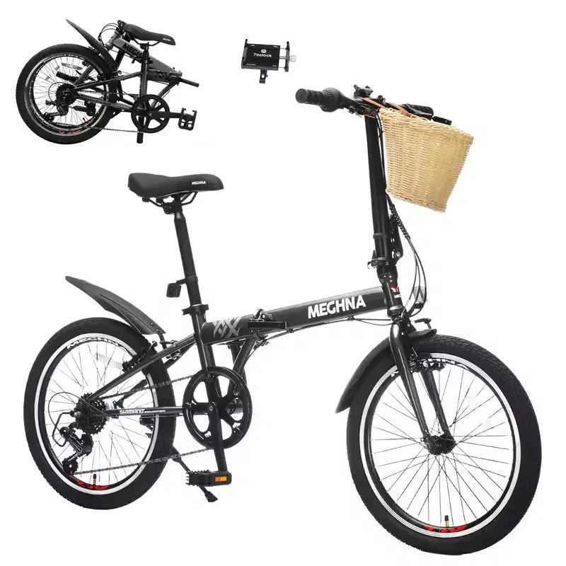 Vélo Pliant Okak 20 pouces avec Panier Avant, Support Téléphone et Garde-Boue, Vélo Adulte 6 Vitesses avec Cadre en Acier et Double Frein V-Brake, Vélo pour Hommes et Femmes