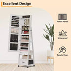 Armoire à bijoux avec miroir pleine longueur, meuble de rangement à bijoux avec miroir LED de 168 cm de haut avec étagères arrière, armoire à maquillage autoportante pivotante à 360°, Blanc