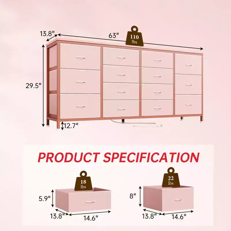 63 Fabric Entertainment Center & TV Stand for 65-75 Inch TVs | 14-Drawer Dresser| Large Storage Console for Living Room & Bedroom