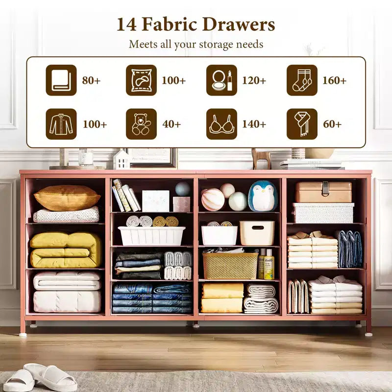 63 Fabric Entertainment Center & TV Stand for 65-75 Inch TVs | 14-Drawer Dresser| Large Storage Console for Living Room & Bedroom