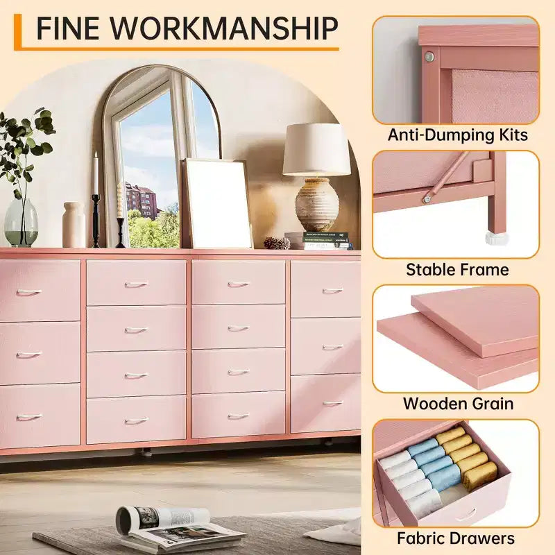 63 Fabric Entertainment Center & TV Stand for 65-75 Inch TVs | 14-Drawer Dresser| Large Storage Console for Living Room & Bedroom