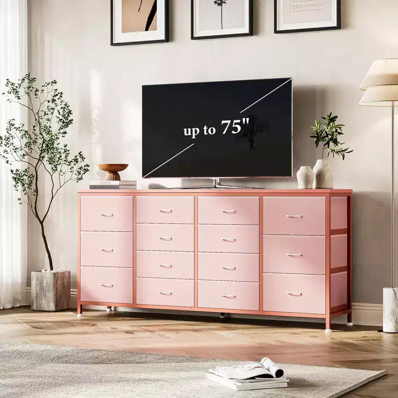 63 Fabric Entertainment Center & TV Stand for 65-75 Inch TVs | 14-Drawer Dresser| Large Storage Console for Living Room & Bedroom