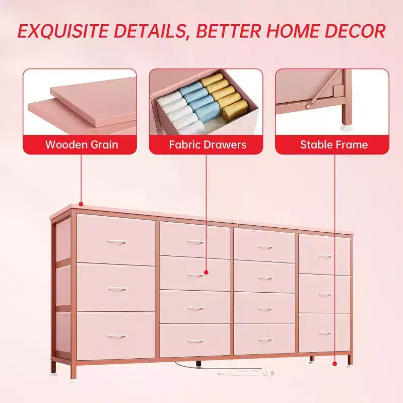 63 Fabric Entertainment Center & TV Stand for 65-75 Inch TVs | 14-Drawer Dresser| Large Storage Console for Living Room & Bedroom