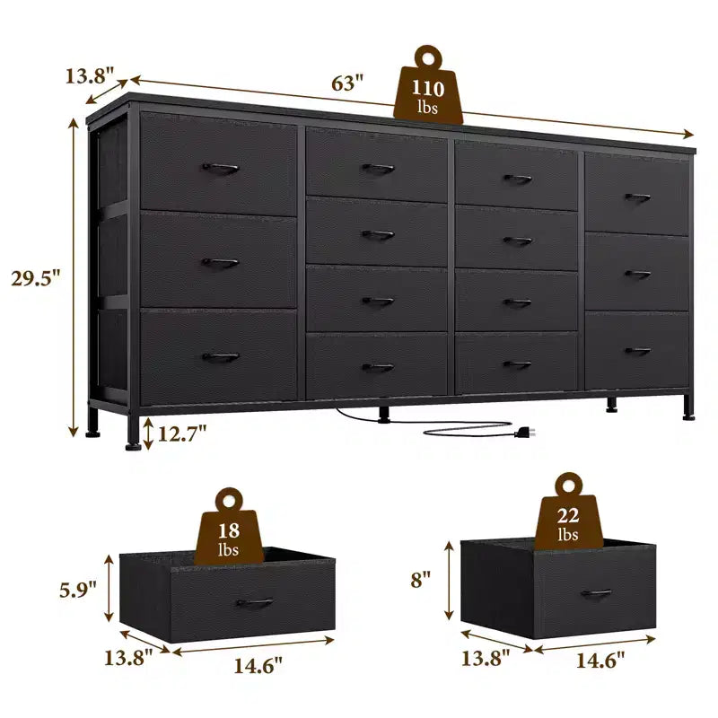63 Fabric Entertainment Center & TV Stand for 65-75 Inch TVs | 14-Drawer Dresser| Large Storage Console for Living Room & Bedroom