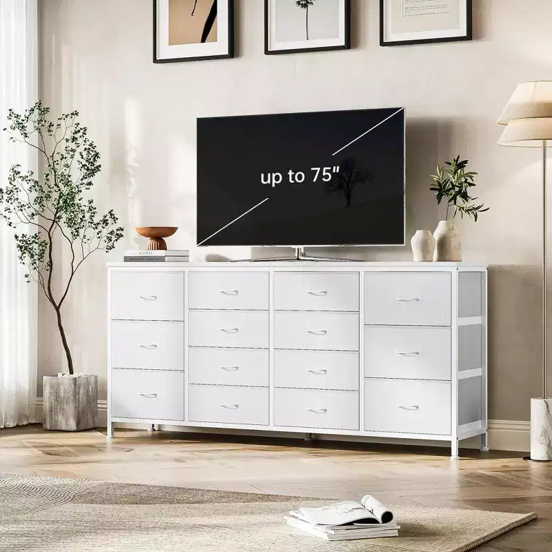 63 Fabric Entertainment Center & TV Stand for 65-75 Inch TVs | 14-Drawer Dresser| Large Storage Console for Living Room & Bedroom