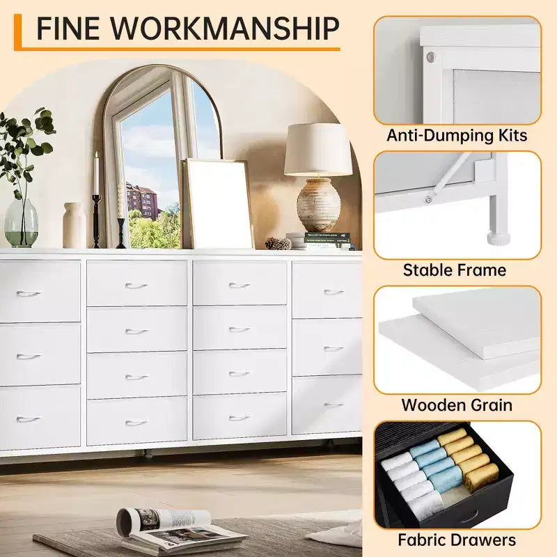63 Fabric Entertainment Center & TV Stand for 65-75 Inch TVs | 14-Drawer Dresser| Large Storage Console for Living Room & Bedroom