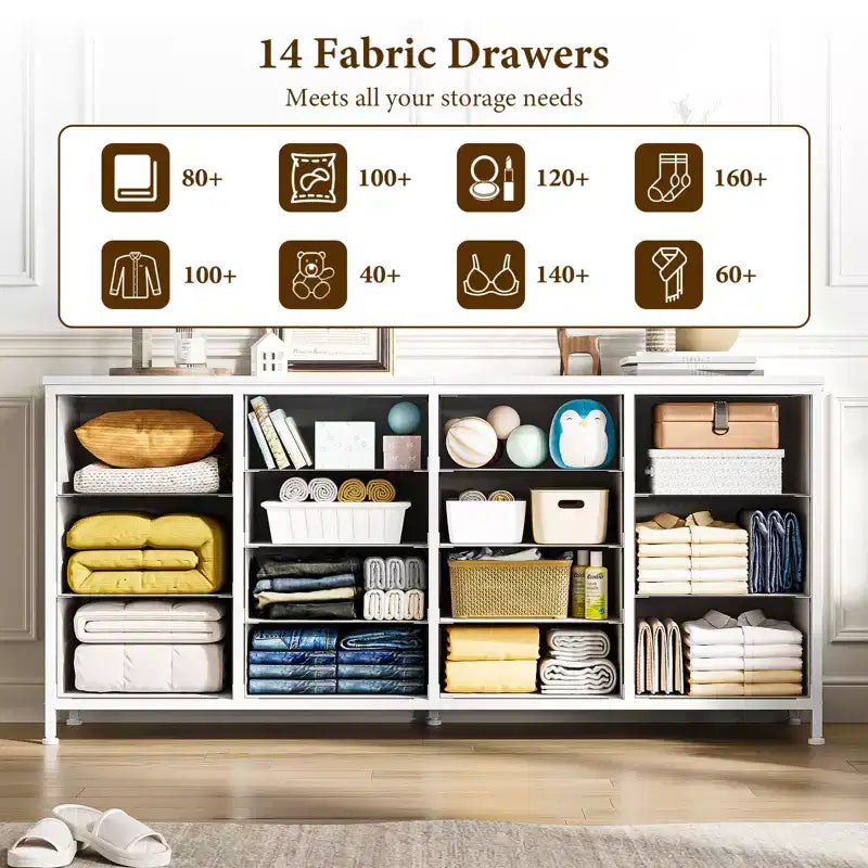 63 Fabric Entertainment Center & TV Stand for 65-75 Inch TVs | 14-Drawer Dresser| Large Storage Console for Living Room & Bedroom