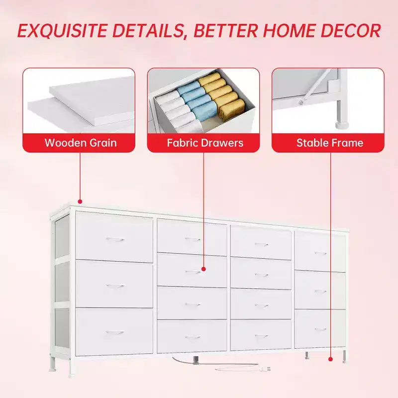 63 Fabric Entertainment Center & TV Stand for 65-75 Inch TVs | 14-Drawer Dresser| Large Storage Console for Living Room & Bedroom