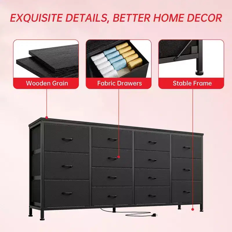 63 Fabric Entertainment Center & TV Stand for 65-75 Inch TVs | 14-Drawer Dresser| Large Storage Console for Living Room & Bedroom