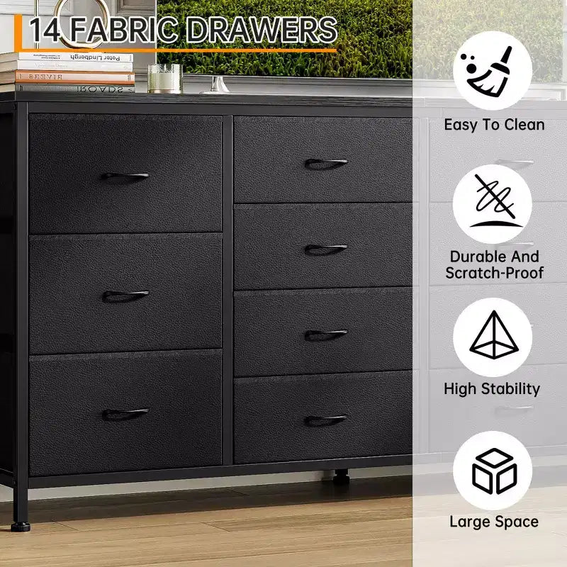 63 Fabric Entertainment Center & TV Stand for 65-75 Inch TVs | 14-Drawer Dresser| Large Storage Console for Living Room & Bedroom