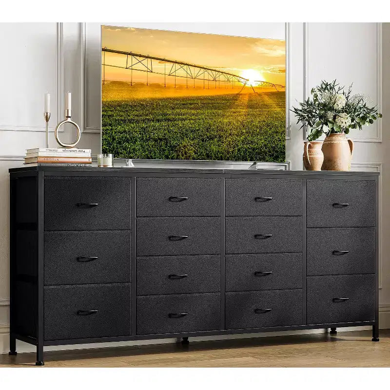 63 Fabric Entertainment Center & TV Stand for 65-75 Inch TVs | 14-Drawer Dresser| Large Storage Console for Living Room & Bedroom