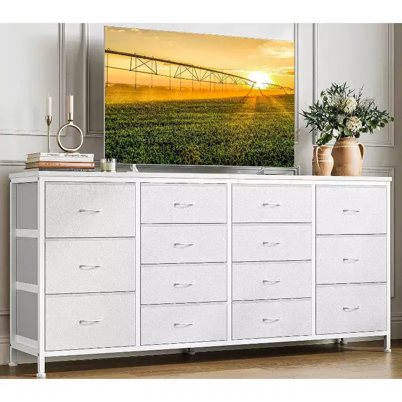 63 Fabric Entertainment Center & TV Stand for 65-75 Inch TVs | 14-Drawer Dresser| Large Storage Console for Living Room & Bedroom