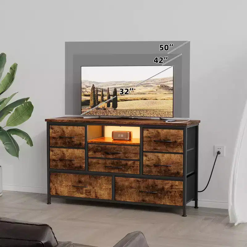 Meuble TV 8 tiroirs pour téléviseurs 55 pouces - Console média avec lumières réglables et plateau en bois, commode longue pour rangement de chambre et de salon