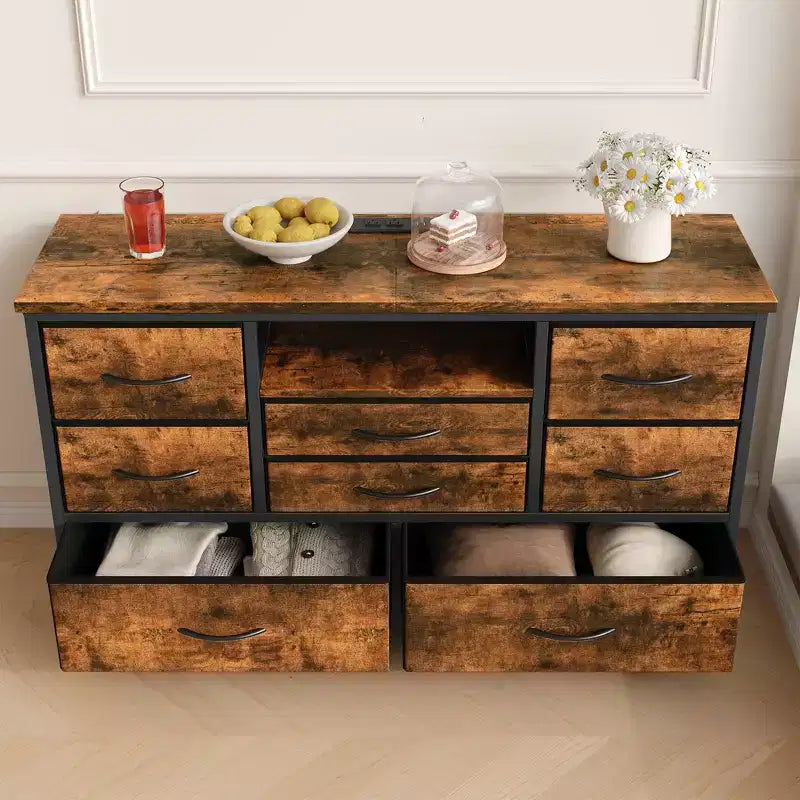 Meuble TV 8 tiroirs pour téléviseurs 55 pouces - Console média avec lumières réglables et plateau en bois, commode longue pour rangement de chambre et de salon