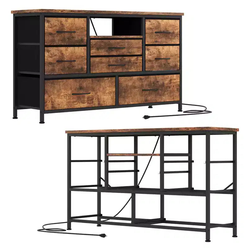 Meuble TV 8 tiroirs pour téléviseurs 55 pouces - Console média avec lumières réglables et plateau en bois, commode longue pour rangement de chambre et de salon