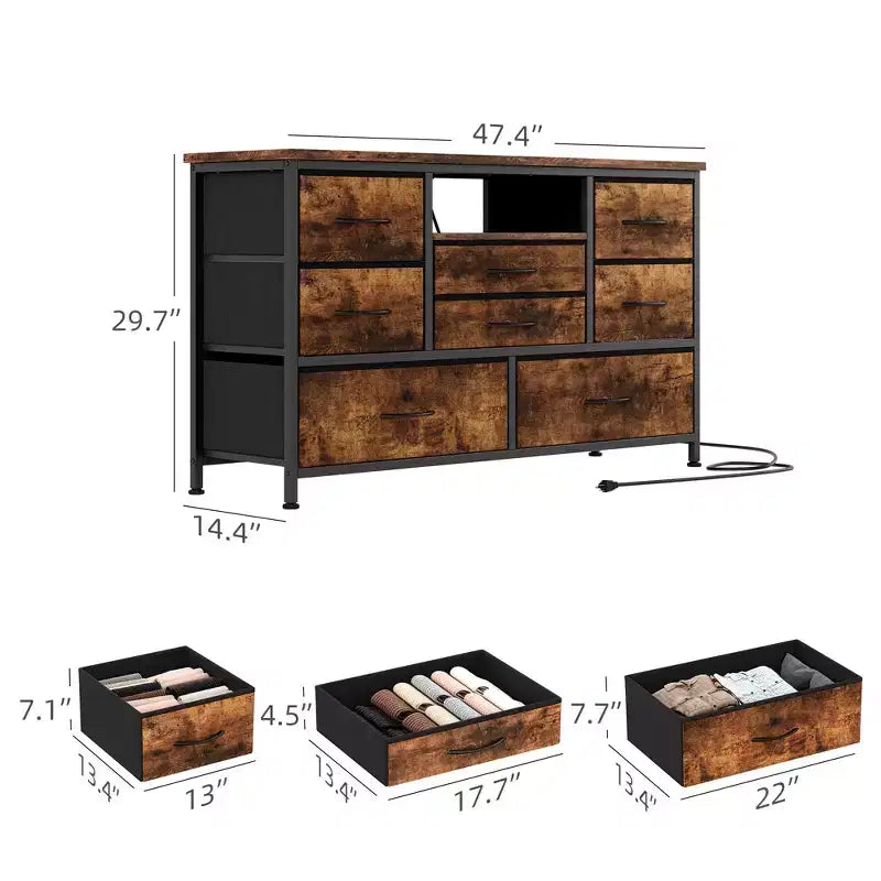 Meuble TV 8 tiroirs pour téléviseurs 55 pouces - Console média avec lumières réglables et plateau en bois, commode longue pour rangement de chambre et de salon
