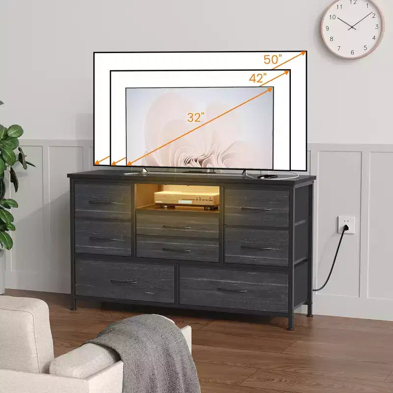 Meuble TV 8 tiroirs pour téléviseurs 55 pouces - Console média avec lumières réglables et plateau en bois, commode longue pour rangement de chambre et de salon