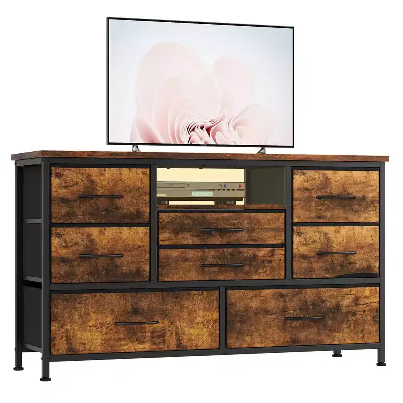 Meuble TV 8 tiroirs pour téléviseurs 55 pouces - Console média avec lumières réglables et plateau en bois, commode longue pour rangement de chambre et de salon